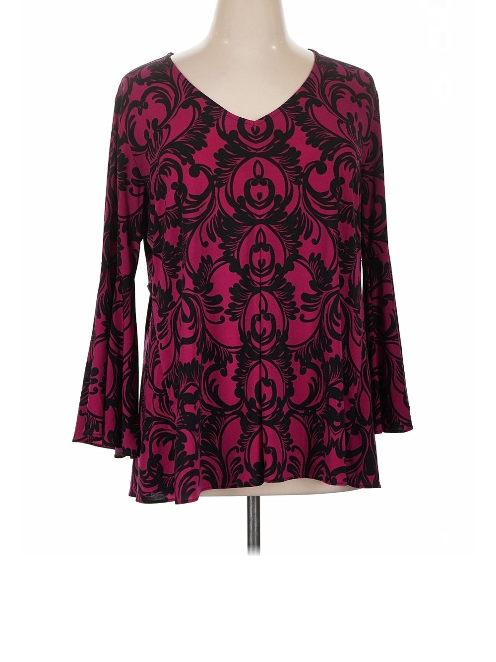 Alfani Women’s V-Neck Bell Sleeve Top in Fuchsia Black Damask